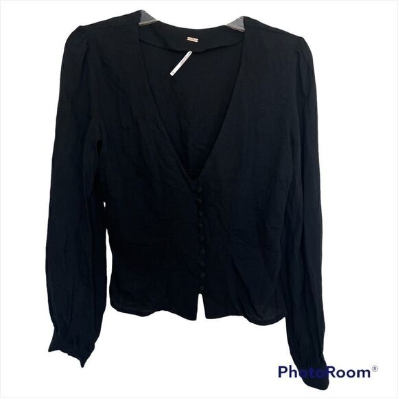 Free People Black Maise Boho Button Front Blouse - Picture 2 of 10